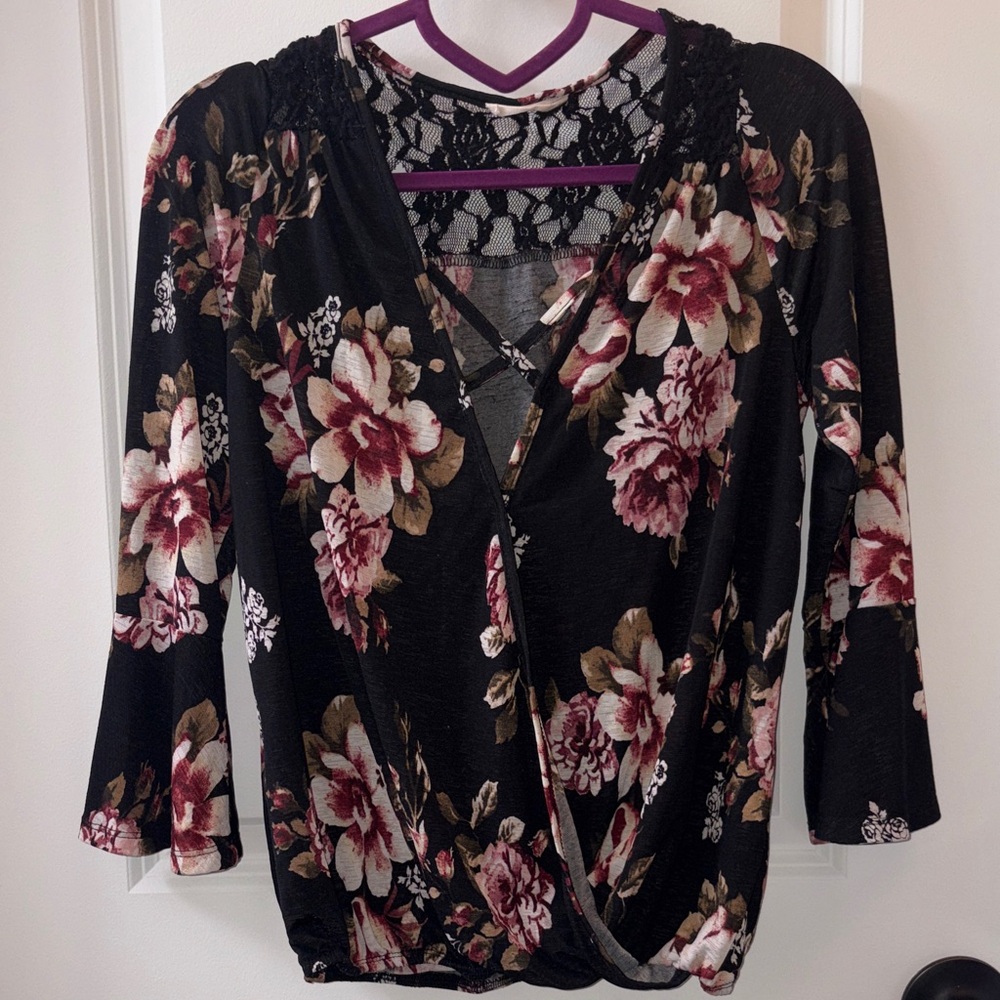 Floral Lace-Trim Black Wrap Blouse